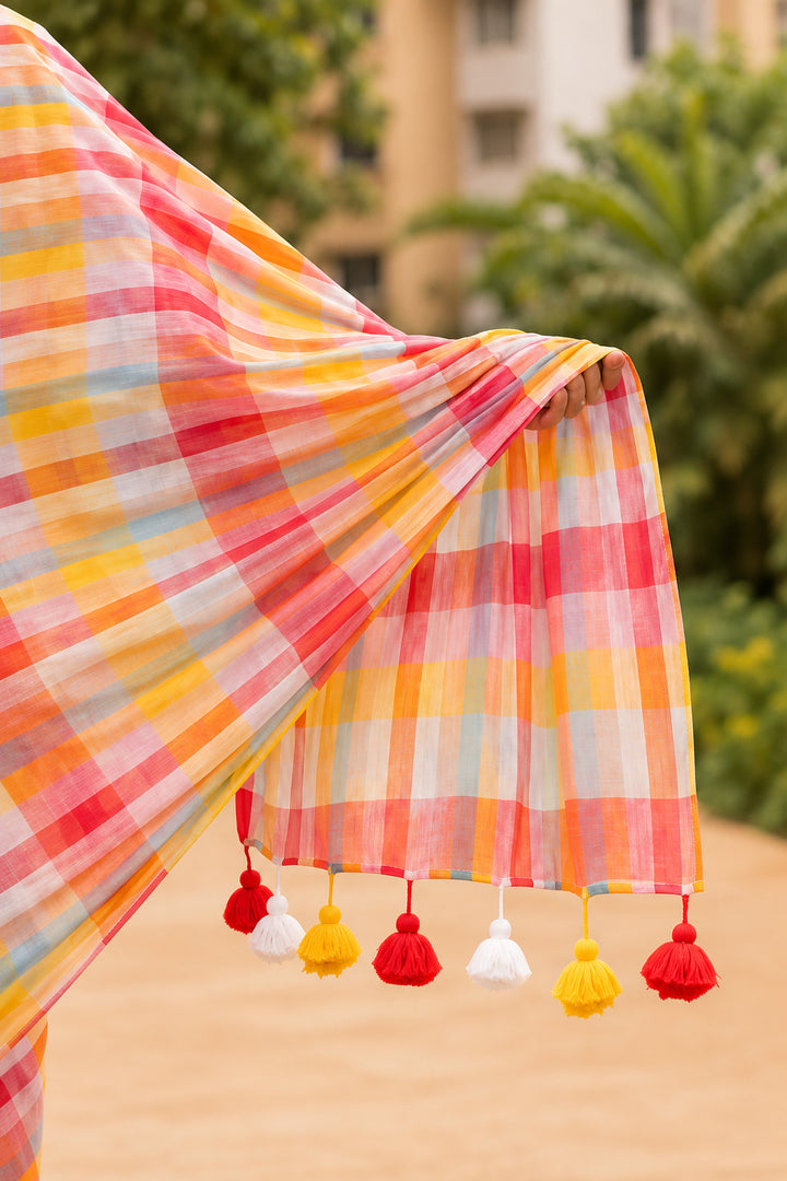 Multicolour Checkered Mul Cotton Saree with Colourful Tasselled Pallu, Comes With Attached Blouse Piece
