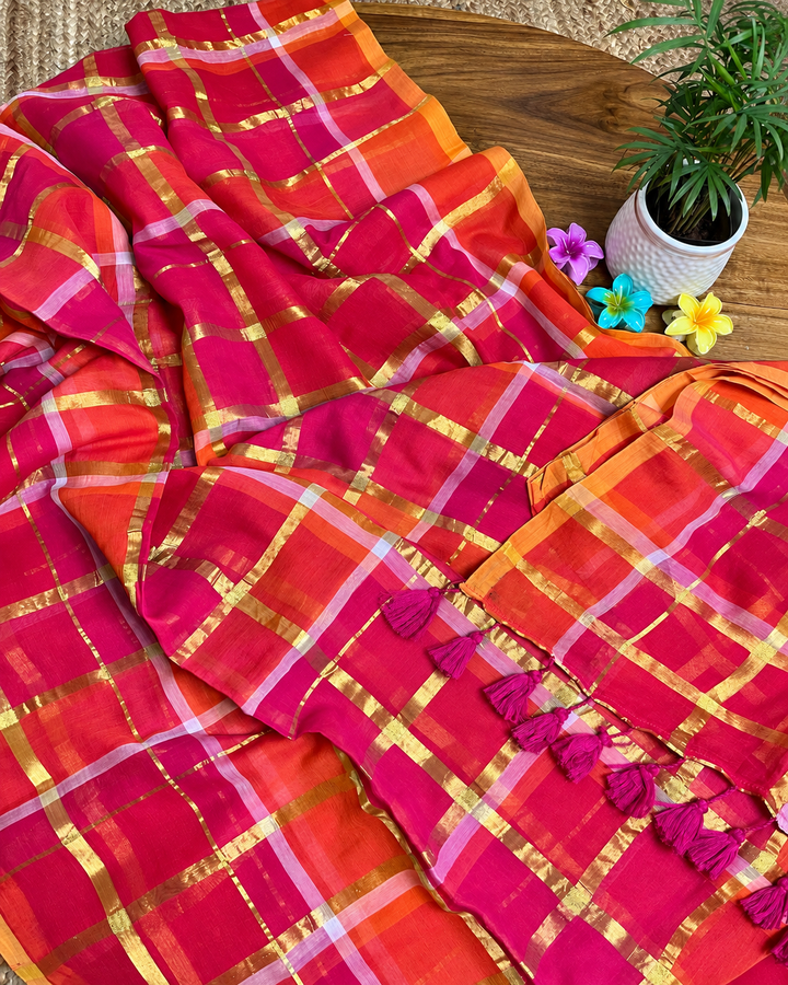Rani Pink & Orange Madras Checkered Mul Cotton Saree with Gold Zari Checks, Tassels & Blouse Piece