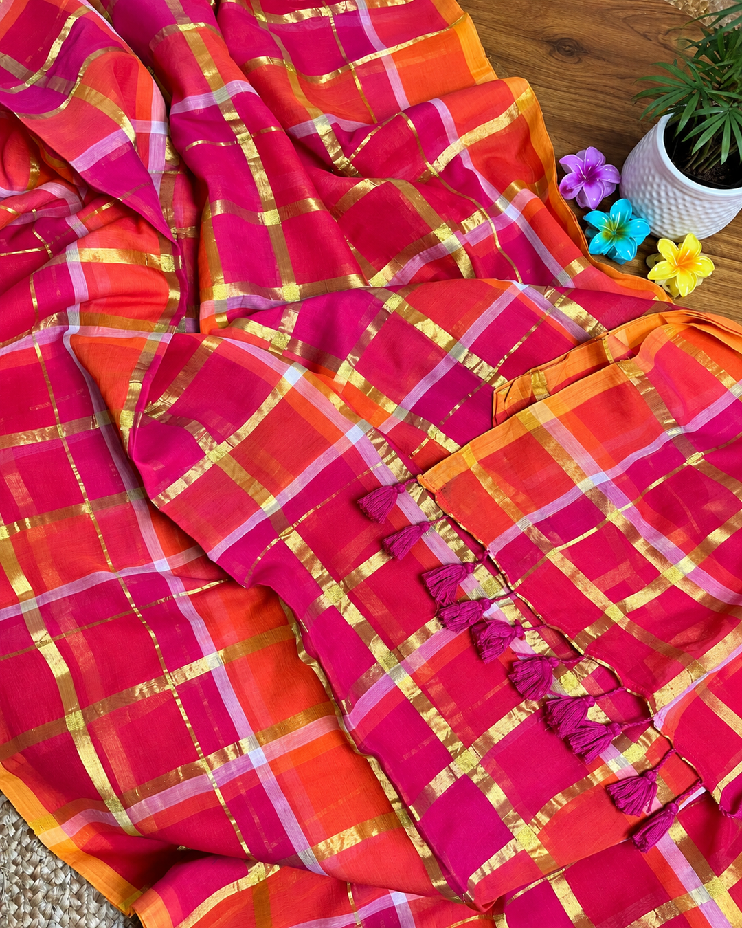 Rani Pink & Orange Madras Checkered Mul Cotton Saree with Gold Zari Checks, Tassels & Blouse Piece