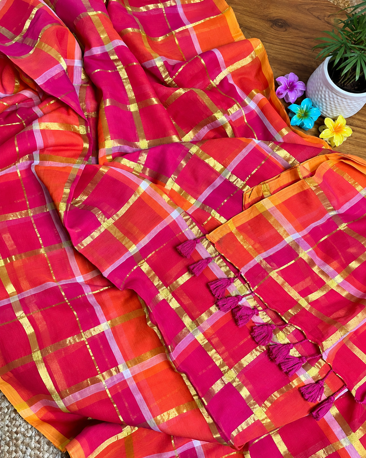 Rani Pink & Orange Madras Checkered Mul Cotton Saree with Gold Zari Checks, Tassels & Blouse Piece