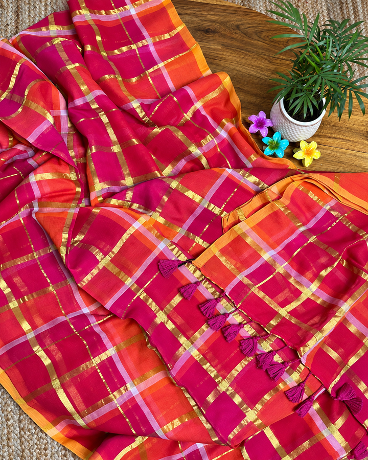 Rani Pink & Orange Madras Checkered Mul Cotton Saree with Gold Zari Checks, Tassels & Blouse Piece