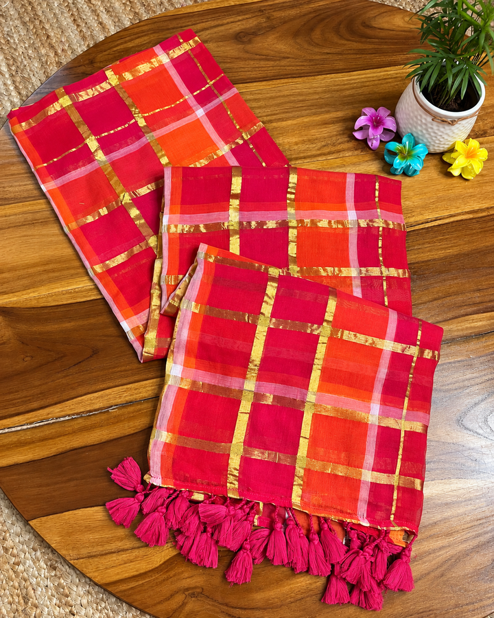 Rani Pink & Orange Madras Checkered Mul Cotton Saree with Gold Zari Checks, Tassels & Blouse Piece