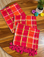 Rani Pink & Orange Madras Checkered Mul Cotton Saree with Gold Zari Checks, Tassels & Blouse Piece
