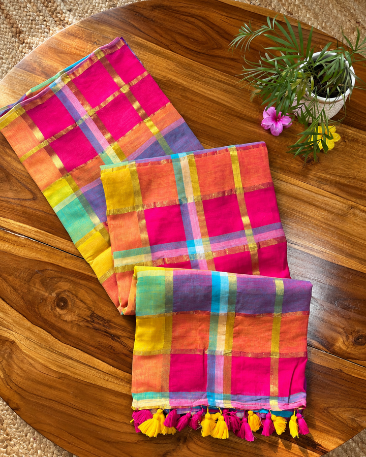 Rani Pink Multicolour Madras Checkered Mul Cotton Saree with Gold Zari Checks, Tassels & Blouse Piece