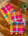 Rani Pink Multicolour Madras Checkered Mul Cotton Saree with Gold Zari Checks, Tassels & Blouse Piece