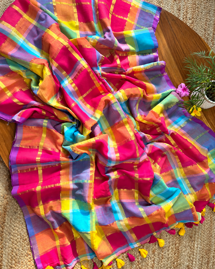 Rani Pink Multicolour Madras Checkered Mul Cotton Saree with Gold Zari Checks, Tassels & Blouse Piece