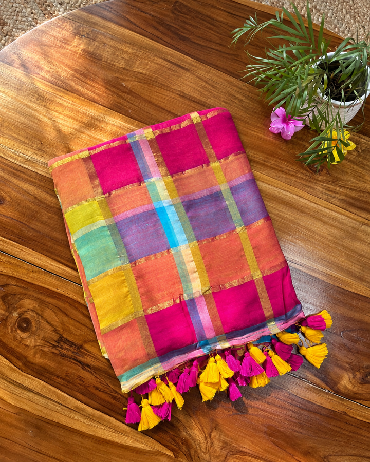 Rani Pink Multicolour Madras Checkered Mul Cotton Saree with Gold Zari Checks, Tassels & Blouse Piece