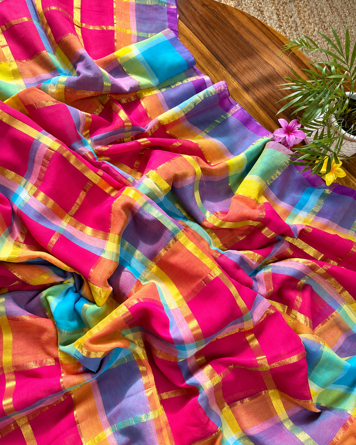 Rani Pink Multicolour Madras Checkered Mul Cotton Saree with Gold Zari Checks, Tassels & Blouse Piece