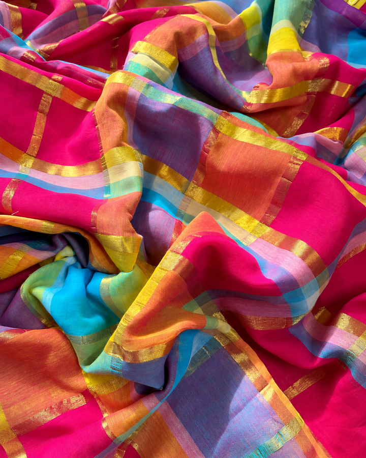 Rani Pink Multicolour Madras Checkered Mul Cotton Saree with Gold Zari Checks, Tassels & Blouse Piece