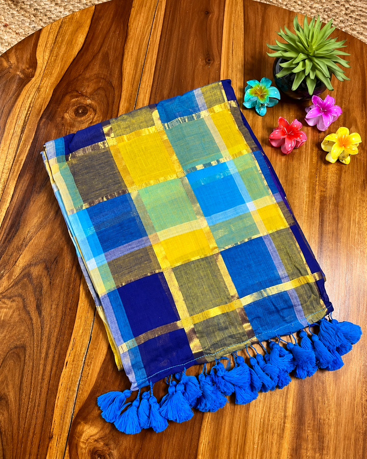Navy Blue & Yellow Multicolour Madras Checkered Mul Cotton Saree with Gold Zari Checks, Tassels & Blouse Piece