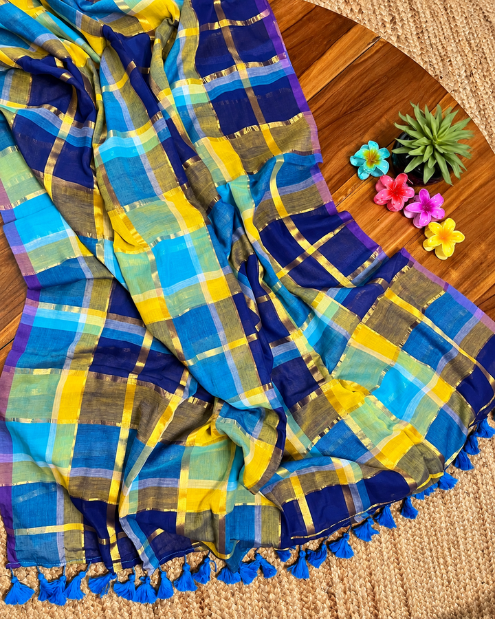 Navy Blue & Yellow Multicolour Madras Checkered Mul Cotton Saree with Gold Zari Checks, Tassels & Blouse Piece