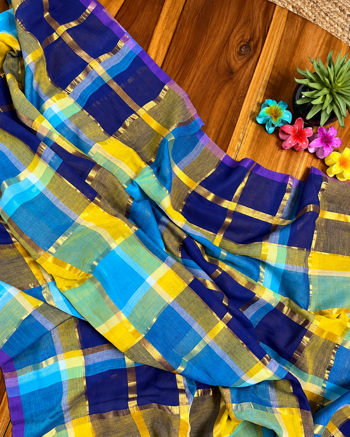 Navy Blue & Yellow Multicolour Madras Checkered Mul Cotton Saree with Gold Zari Checks, Tassels & Blouse Piece