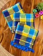 Navy Blue & Yellow Multicolour Madras Checkered Mul Cotton Saree with Gold Zari Checks, Tassels & Blouse Piece