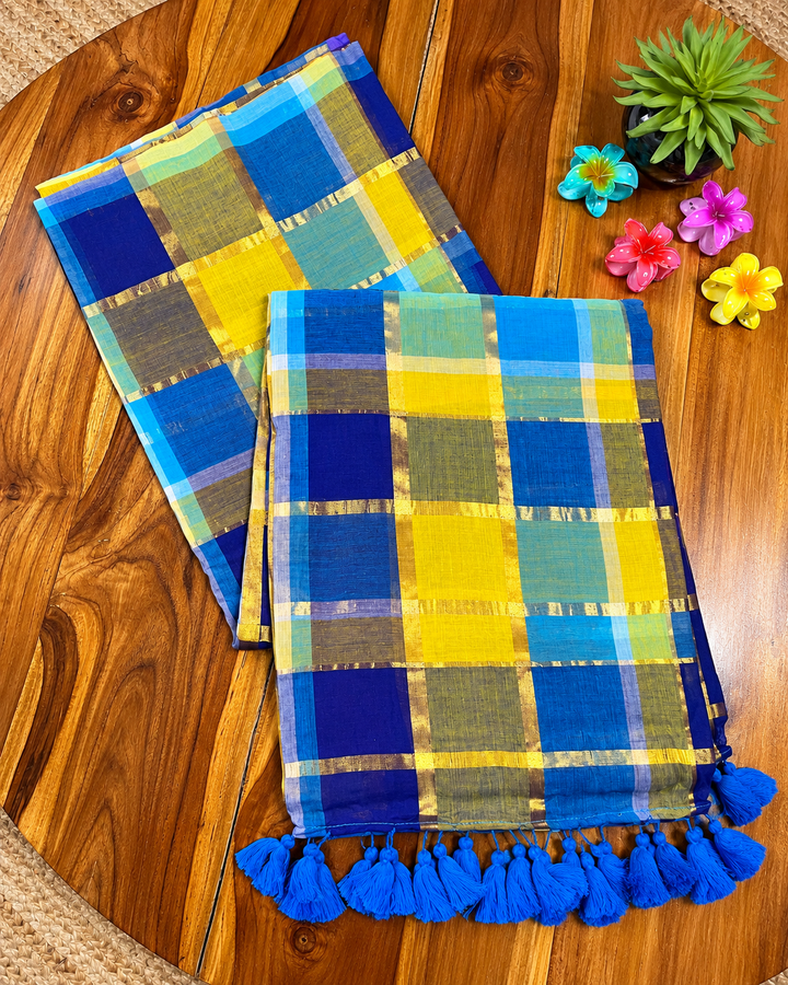 Navy Blue & Yellow Multicolour Madras Checkered Mul Cotton Saree with Gold Zari Checks, Tassels & Blouse Piece