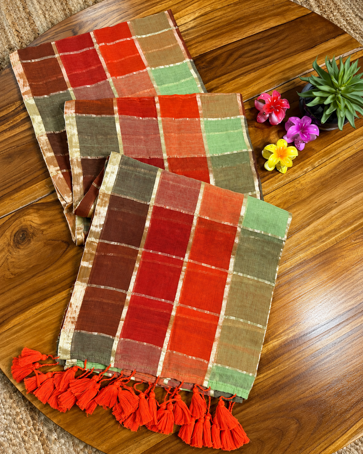 Rust Orange & Sage Green Madras Checkered Mul Cotton Saree with Gold Zari Checks, Tassels & Blouse Piece