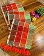 Rust Orange & Sage Green Madras Checkered Mul Cotton Saree with Gold Zari Checks, Tassels & Blouse Piece