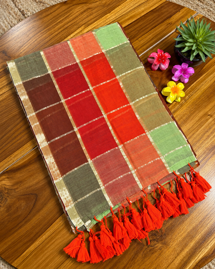 Rust Orange & Sage Green Madras Checkered Mul Cotton Saree with Gold Zari Checks, Tassels & Blouse Piece