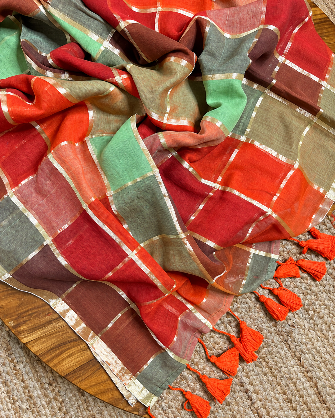 Rust Orange & Sage Green Madras Checkered Mul Cotton Saree with Gold Zari Checks, Tassels & Blouse Piece