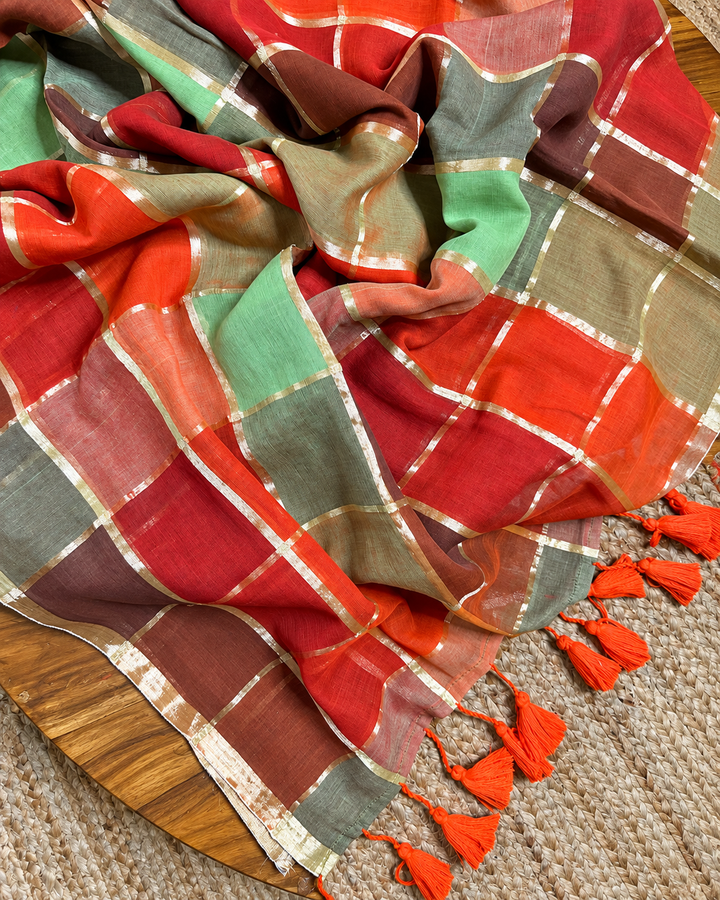 Rust Orange & Sage Green Madras Checkered Mul Cotton Saree with Gold Zari Checks, Tassels & Blouse Piece