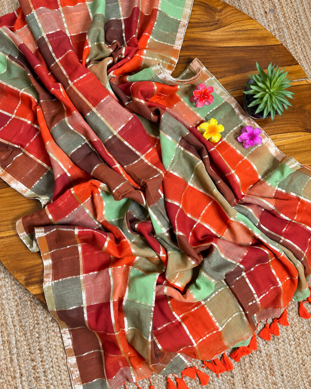 Rust Orange & Sage Green Madras Checkered Mul Cotton Saree with Gold Zari Checks, Tassels & Blouse Piece