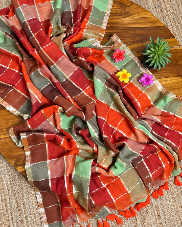 Rust Orange & Sage Green Madras Checkered Mul Cotton Saree with Gold Zari Checks, Tassels & Blouse Piece