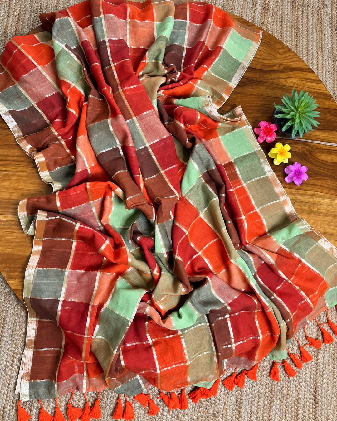 Rust Orange & Sage Green Madras Checkered Mul Cotton Saree with Gold Zari Checks, Tassels & Blouse Piece