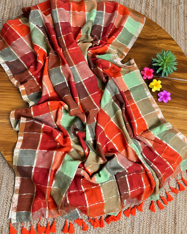 Rust Orange & Sage Green Madras Checkered Mul Cotton Saree with Gold Zari Checks, Tassels & Blouse Piece