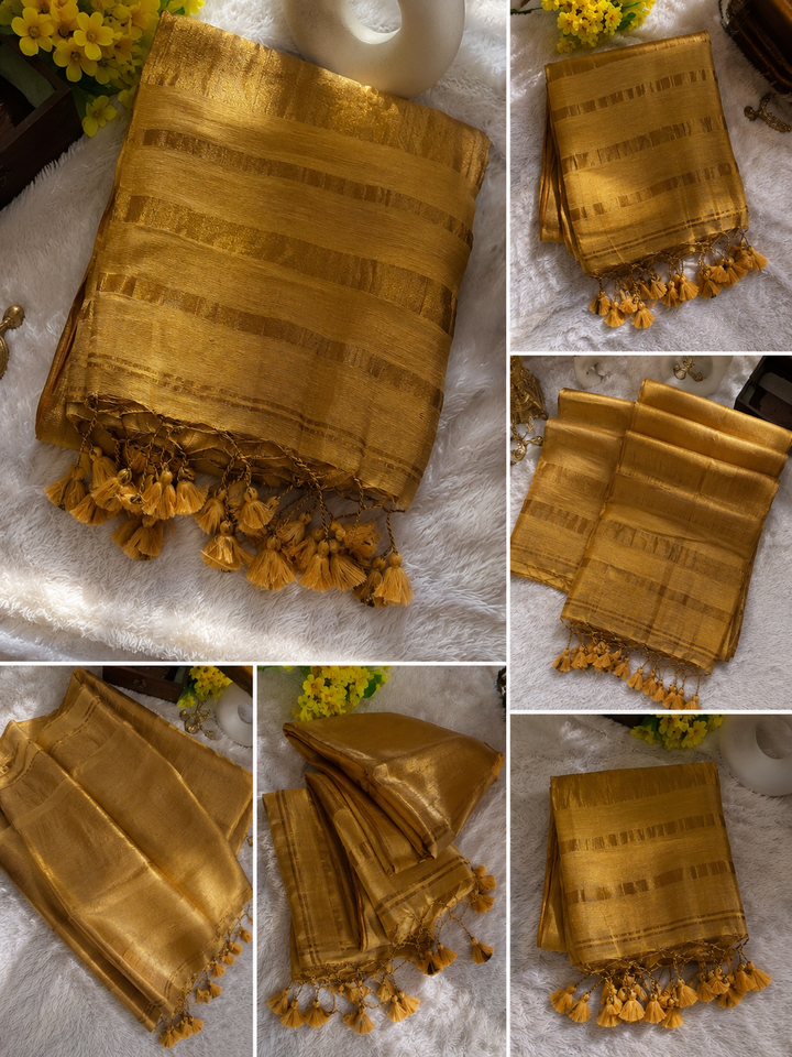 Royal Gold Kasavu Saree with Shimmer Zari Weave, Statement Pallu & Tassels on Edges