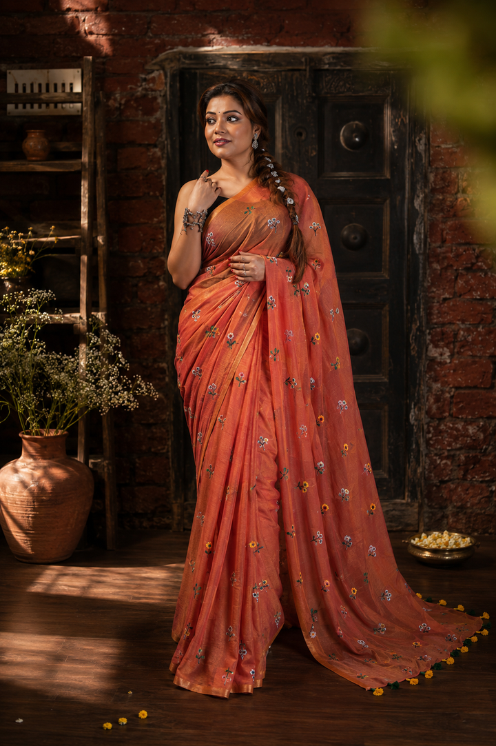Rust Orange Mul Cotton Saree with Multicolour Floral Motifs & Elegant Woven Border, Comes With Attached Blouse Piece