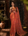 Rust Orange Mul Cotton Saree with Multicolour Floral Motifs & Elegant Woven Border