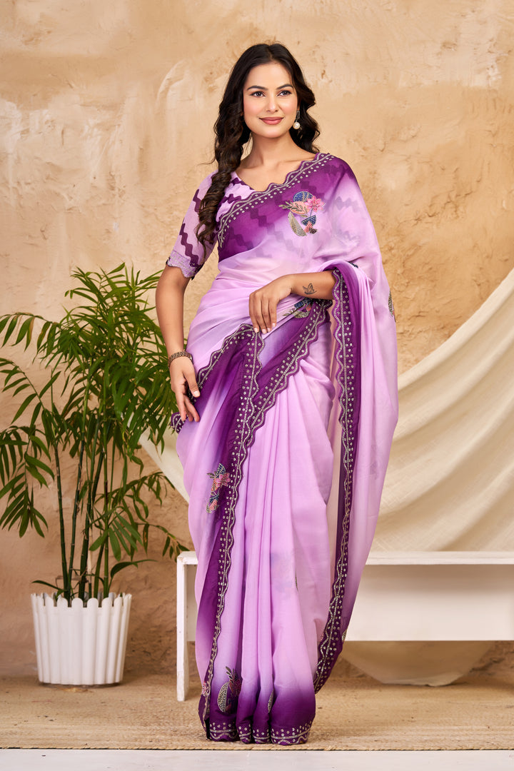 Lavender & Deep Purple Ombre Chocolate Silk Saree with Floral Motifs, Swarovski Work & Ari Cutwork Border