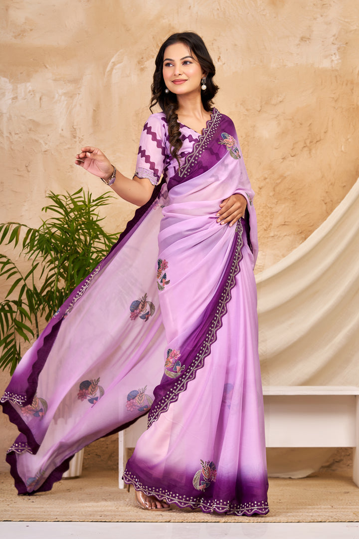 Lavender & Deep Purple Ombre Chocolate Silk Saree with Floral Motifs, Swarovski Work & Ari Cutwork Border