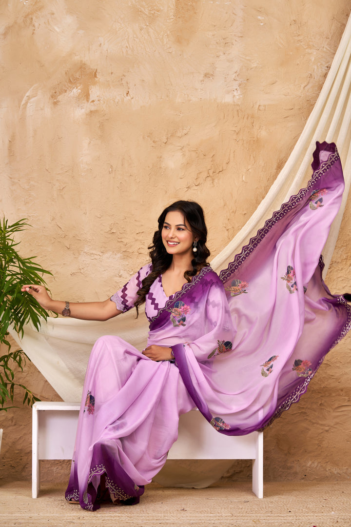 Lavender & Deep Purple Ombre Chocolate Silk Saree with Floral Motifs, Swarovski Work & Ari Cutwork Border
