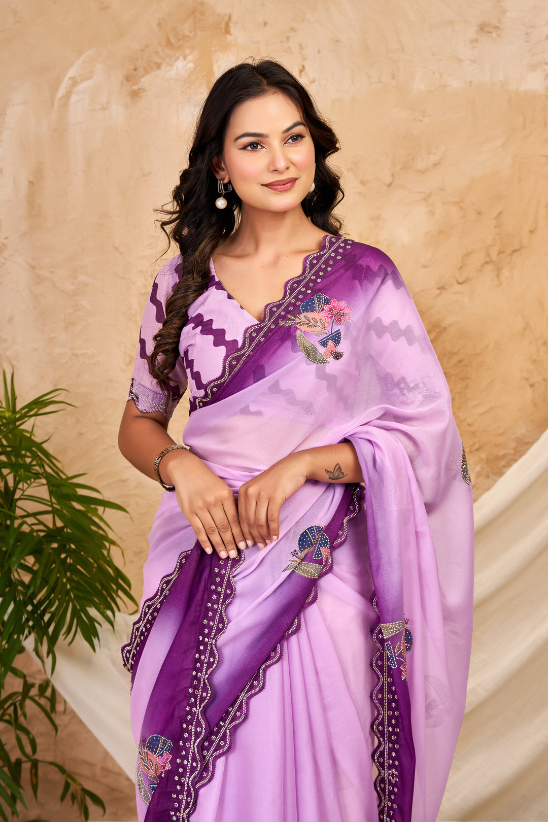 Lavender & Deep Purple Ombre Chocolate Silk Saree with Floral Motifs, Swarovski Work & Ari Cutwork Border