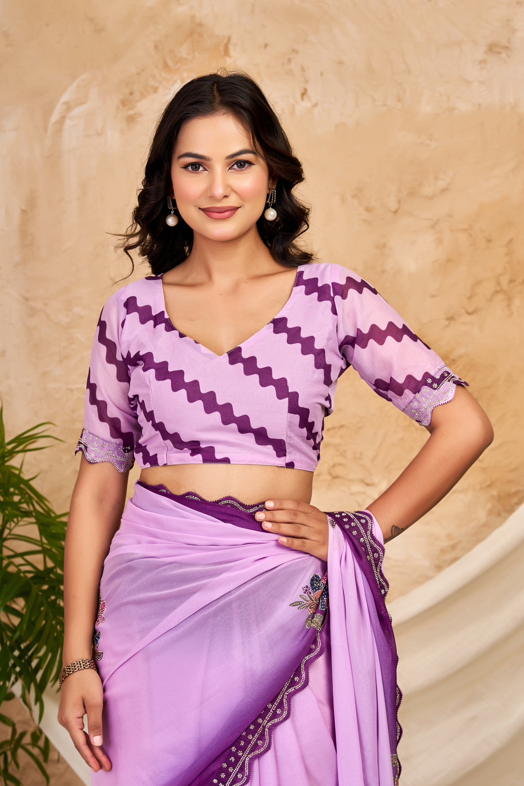 Lavender & Deep Purple Ombre Chocolate Silk Saree with Floral Motifs, Swarovski Work & Ari Cutwork Border