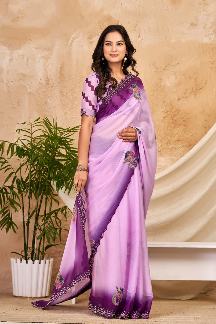 Lavender & Deep Purple Ombre Chocolate Silk Saree with Floral Motifs, Swarovski Work & Ari Cutwork Border