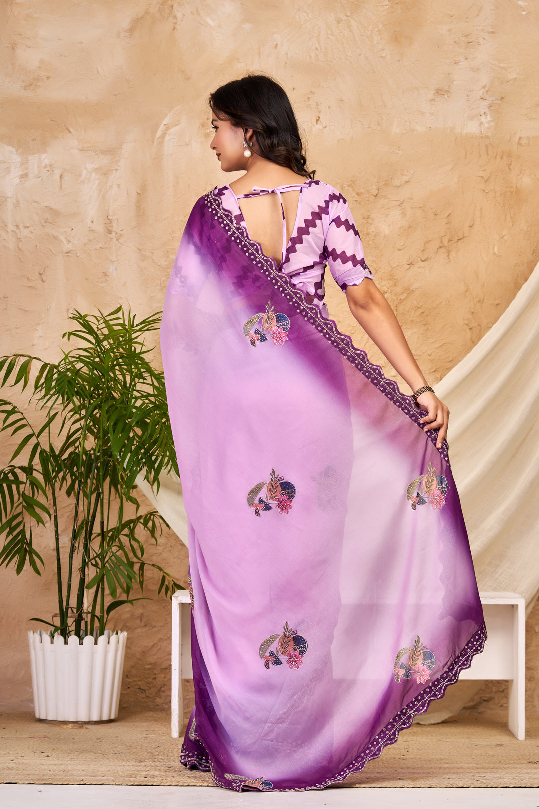 Lavender & Deep Purple Ombre Chocolate Silk Saree with Floral Motifs, Swarovski Work & Ari Cutwork Border