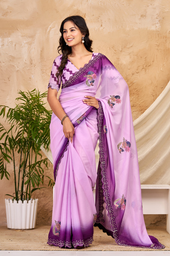 Lavender & Deep Purple Ombre Chocolate Silk Saree with Floral Motifs, Swarovski Work & Ari Cutwork Border
