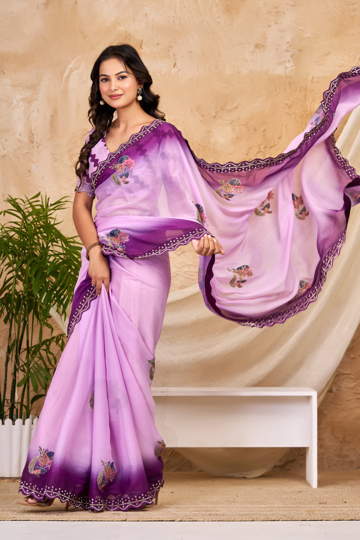 Lavender & Deep Purple Ombre Chocolate Silk Saree with Floral Motifs, Swarovski Work & Ari Cutwork Border