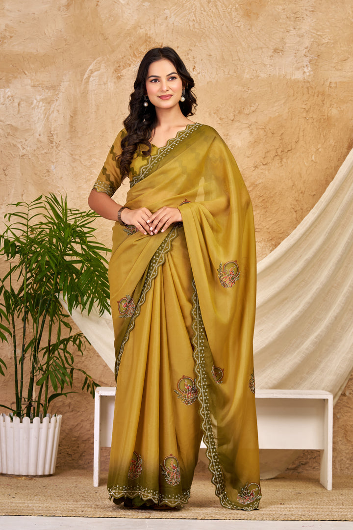 Mustard Olive Chocolate Silk Saree with Traditional Motifs, Swarovski Work & Ari Cutwork Border