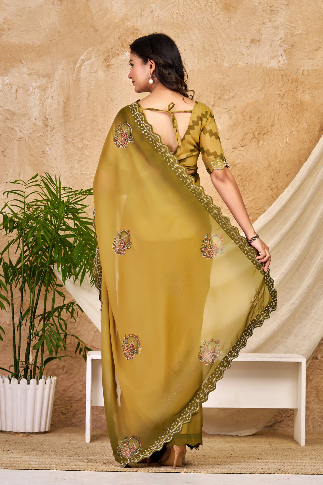 Mustard Olive Chocolate Silk Saree with Traditional Motifs, Swarovski Work & Ari Cutwork Border