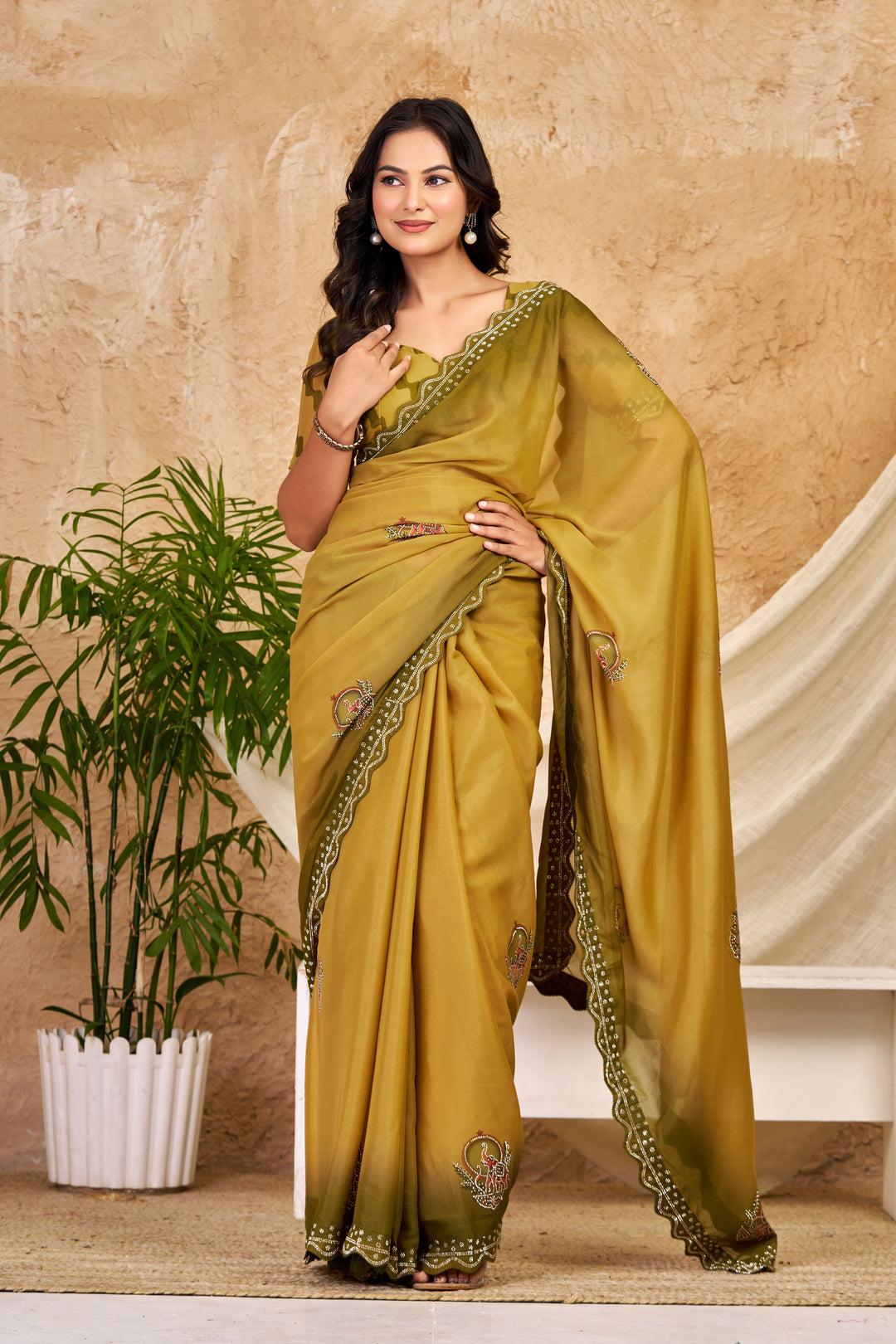 Mustard Olive Chocolate Silk Saree with Traditional Motifs, Swarovski Work & Ari Cutwork Border