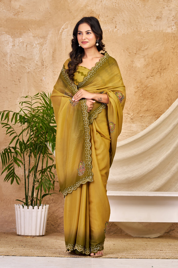 Mustard Olive Chocolate Silk Saree with Traditional Motifs, Swarovski Work & Ari Cutwork Border