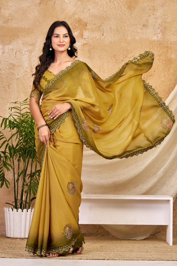 Mustard Olive Chocolate Silk Saree with Traditional Motifs, Swarovski Work & Ari Cutwork Border