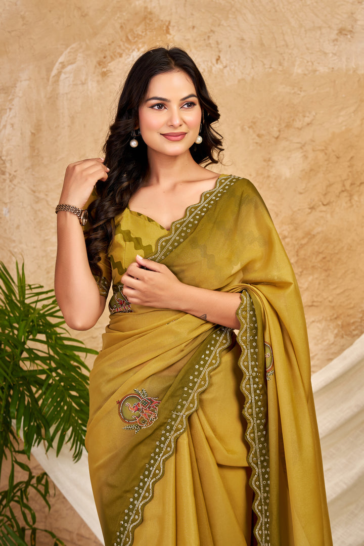 Mustard Olive Chocolate Silk Saree with Traditional Motifs, Swarovski Work & Ari Cutwork Border