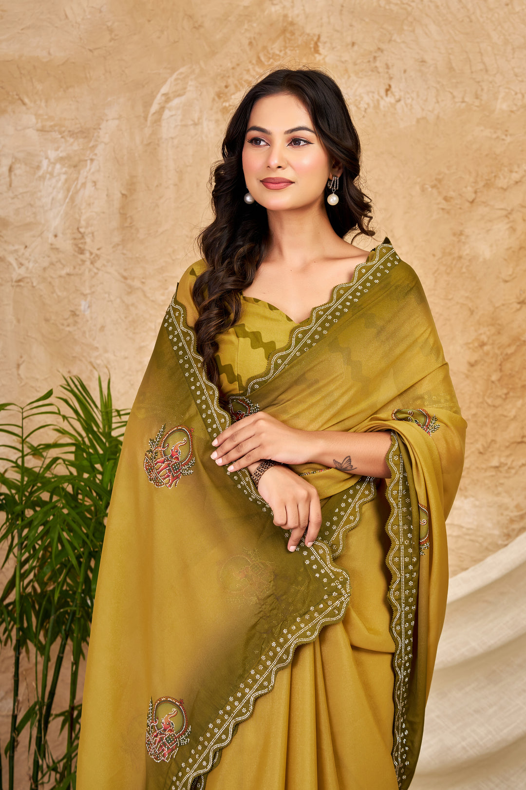 Mustard Olive Chocolate Silk Saree with Traditional Motifs, Swarovski Work & Ari Cutwork Border