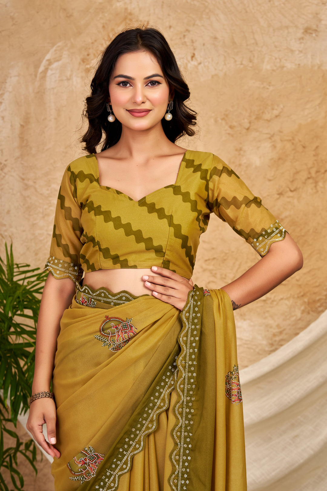 Mustard Olive Chocolate Silk Saree with Traditional Motifs, Swarovski Work & Ari Cutwork Border