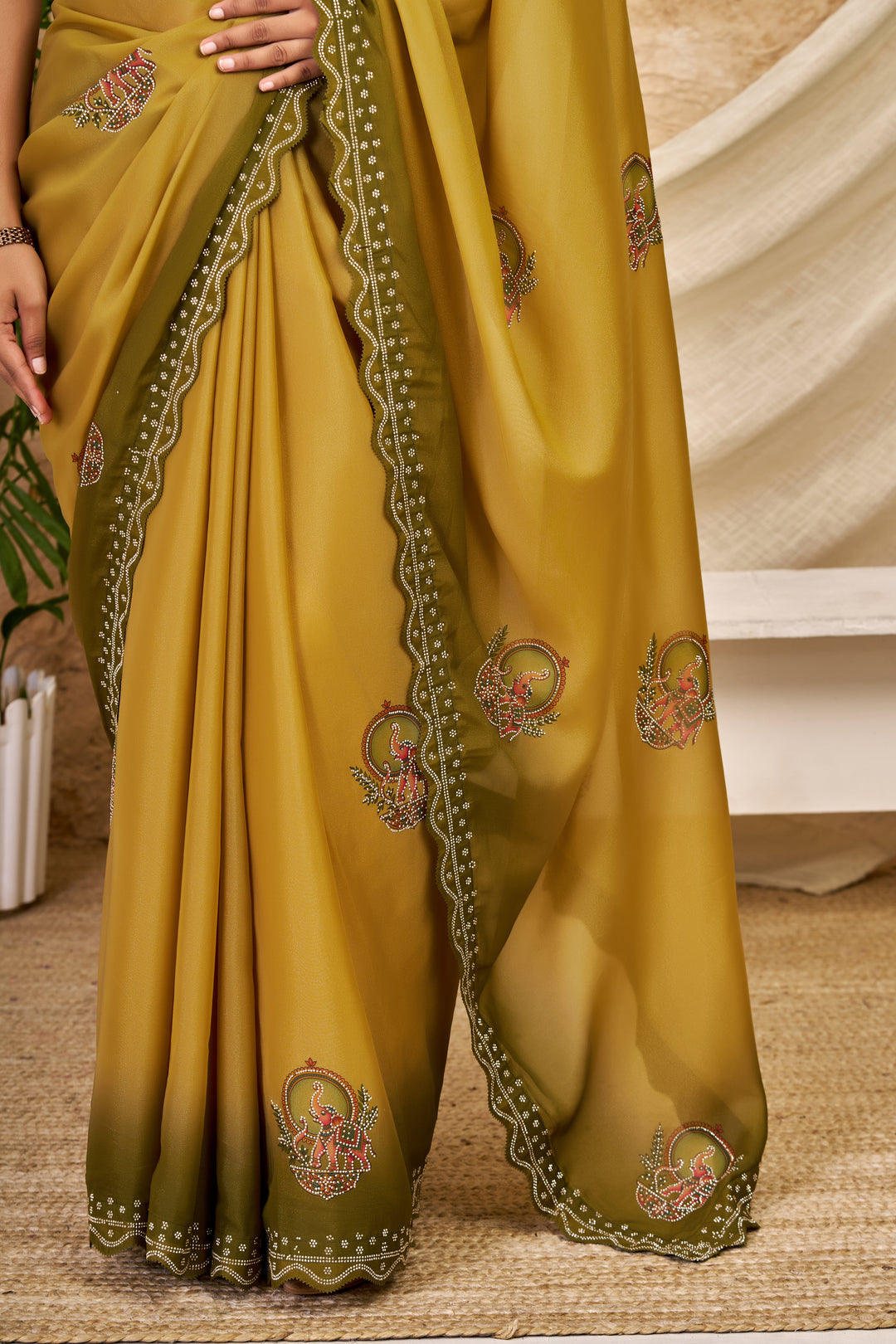 Mustard Olive Chocolate Silk Saree with Traditional Motifs, Swarovski Work & Ari Cutwork Border