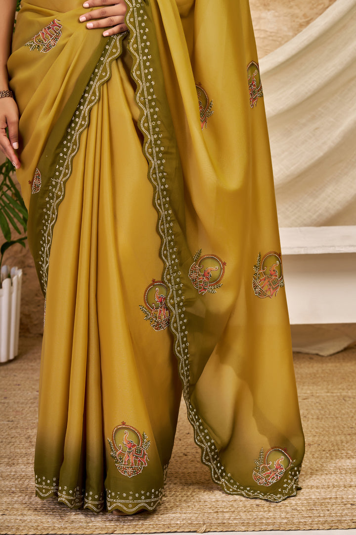 Mustard Olive Chocolate Silk Saree with Traditional Motifs, Swarovski Work & Ari Cutwork Border