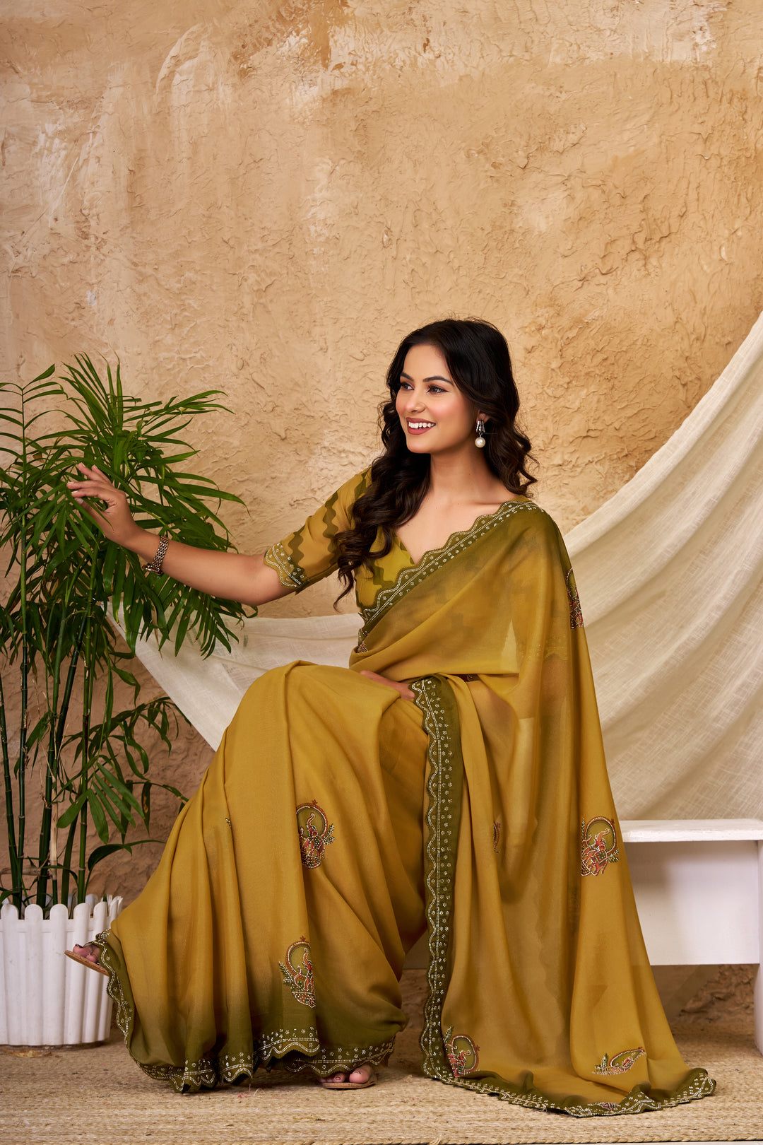 Mustard Olive Chocolate Silk Saree with Traditional Motifs, Swarovski Work & Ari Cutwork Border